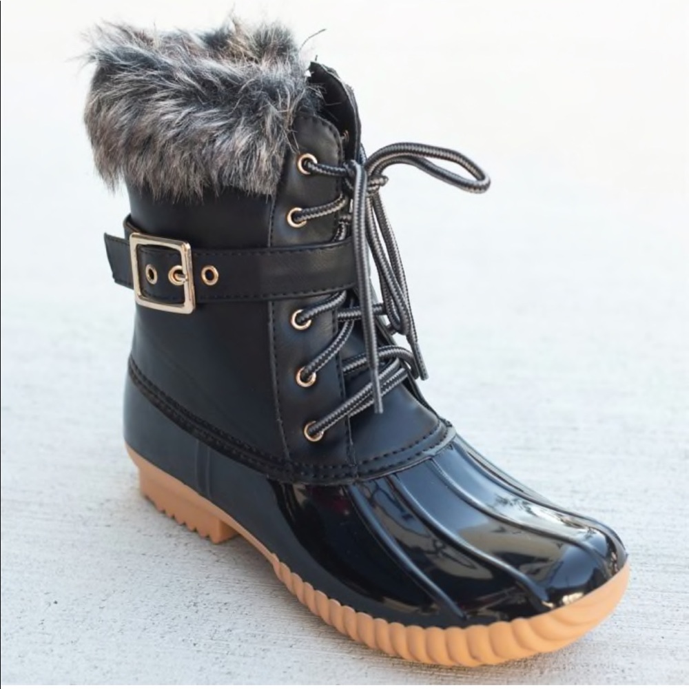 Black Furry Cuff Duck Rain Boots - Picture 3 of 8